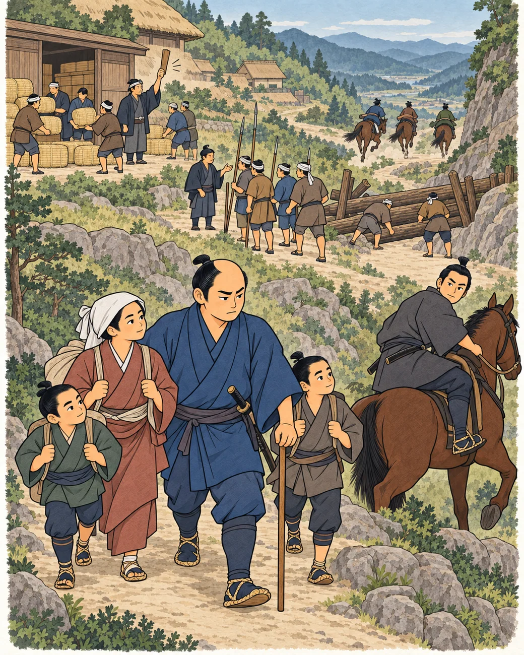 历史场景插画:从吉野前往东部道路。
