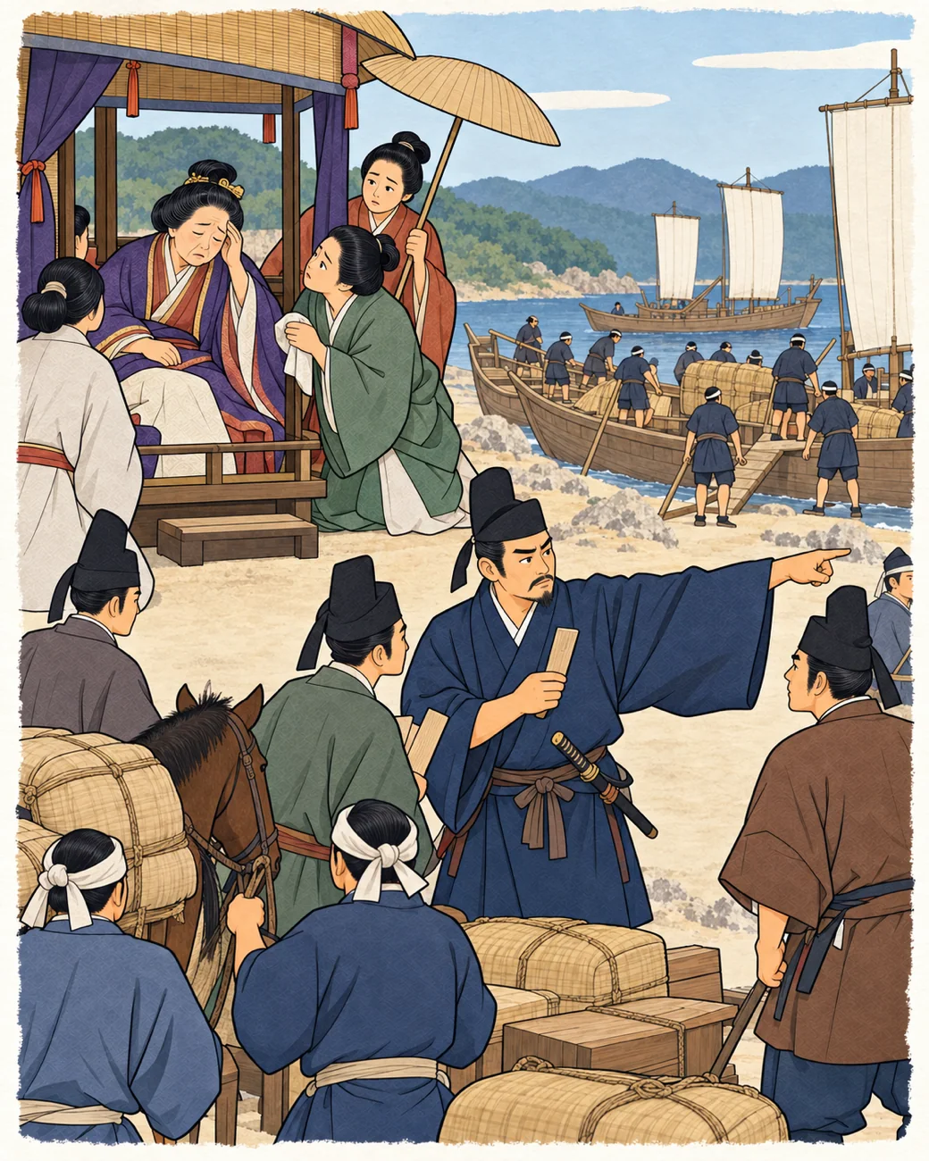 历史场景插画:从齐明动员到663年船队。