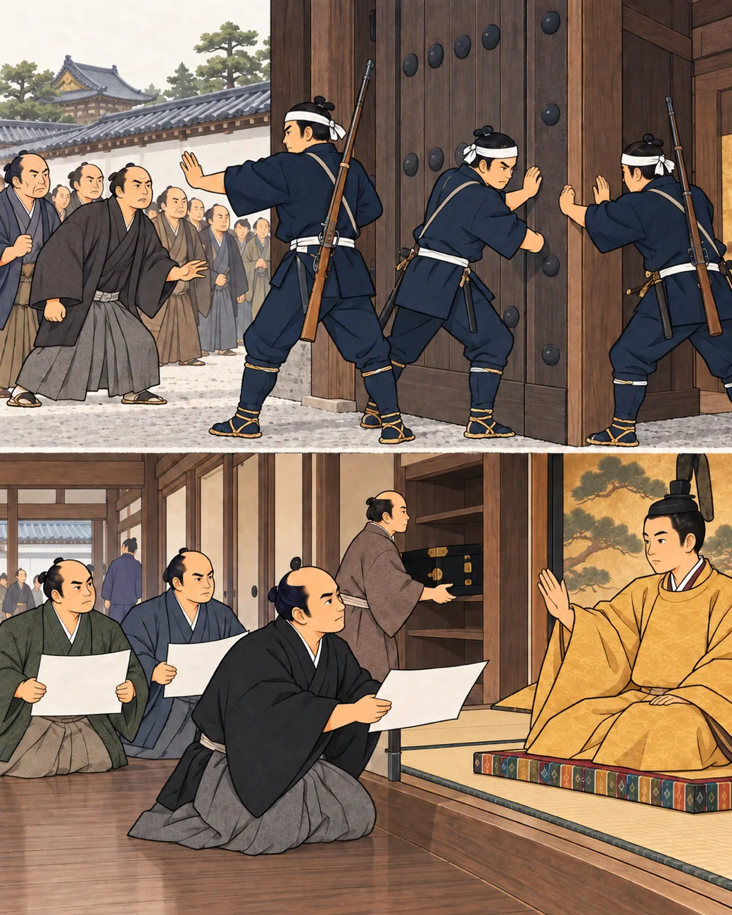 博物馆风格历史插画,呈现宫廷控制、号令发布与会议的经过。