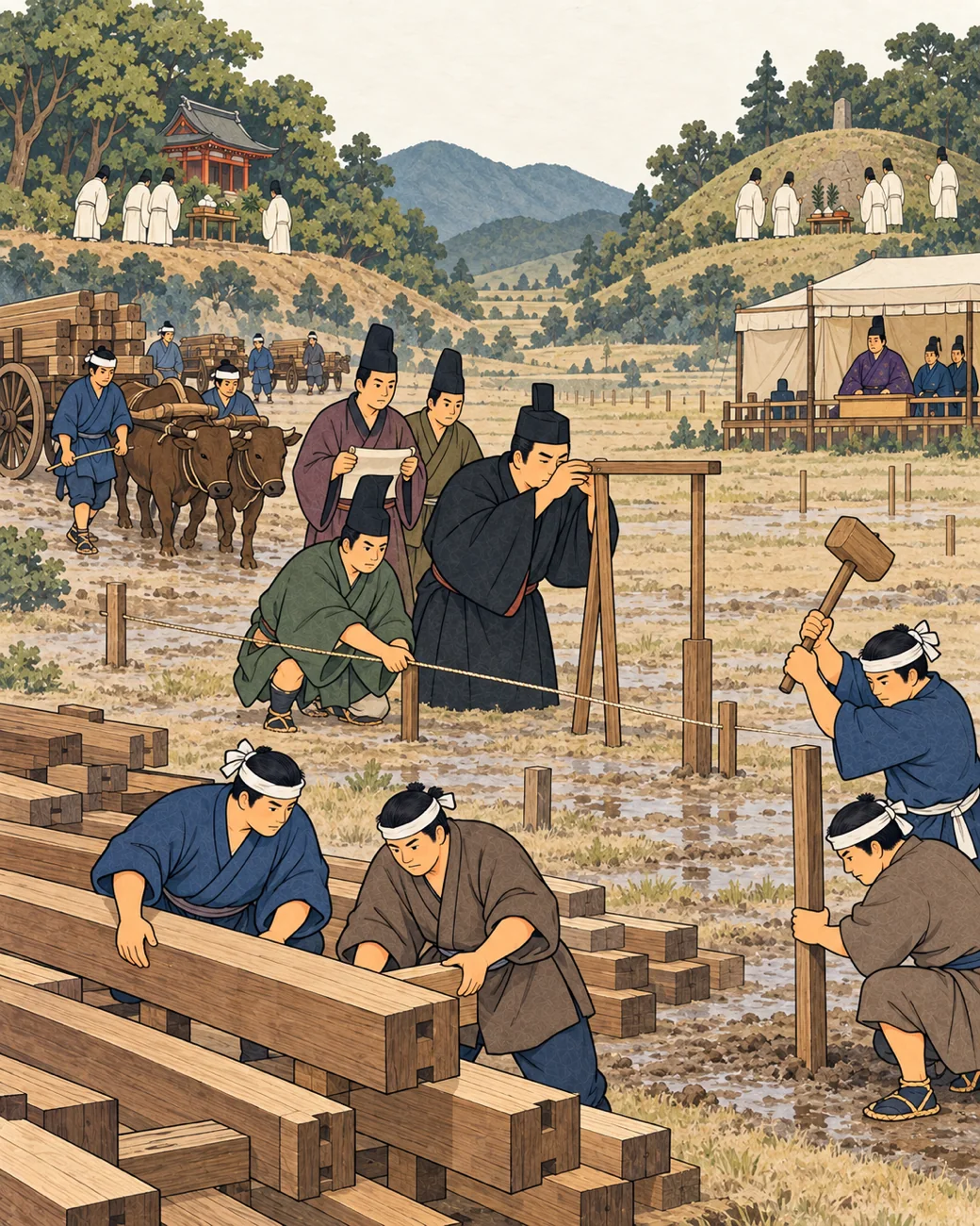 历史展览风格插画:新城尚未建成,朝廷已经迁入。