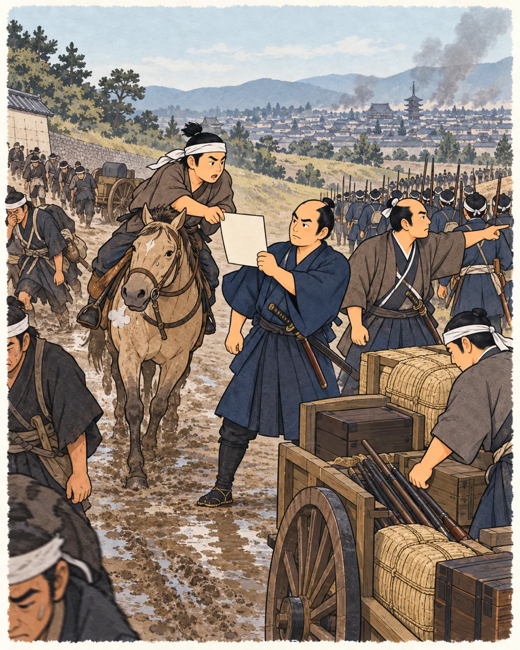 博物馆风格的历史插画。背景:政权交还,仍未控制各军。大久保利通、西乡隆盛。