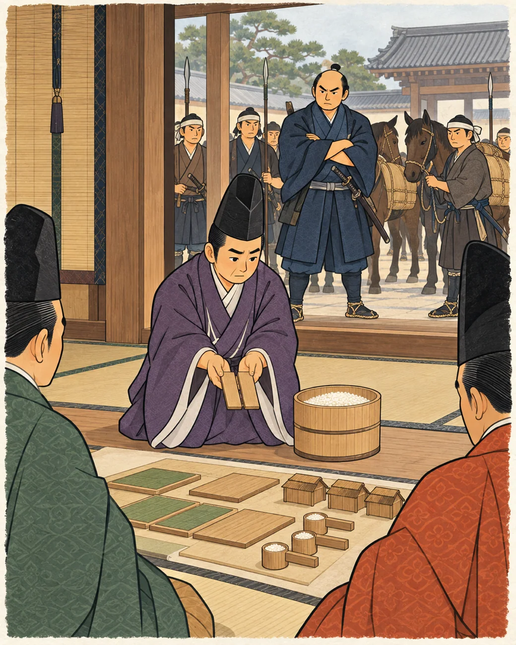 博物馆式历史插画:追捕危机与原有土地权利,源赖朝。
