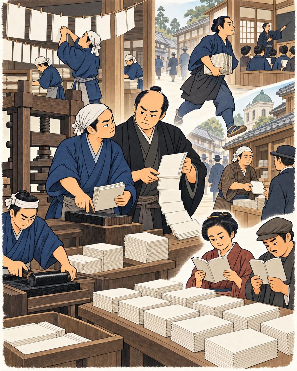 博物馆式历史插画:《劝学篇》出版背景中的福泽谕吉。
