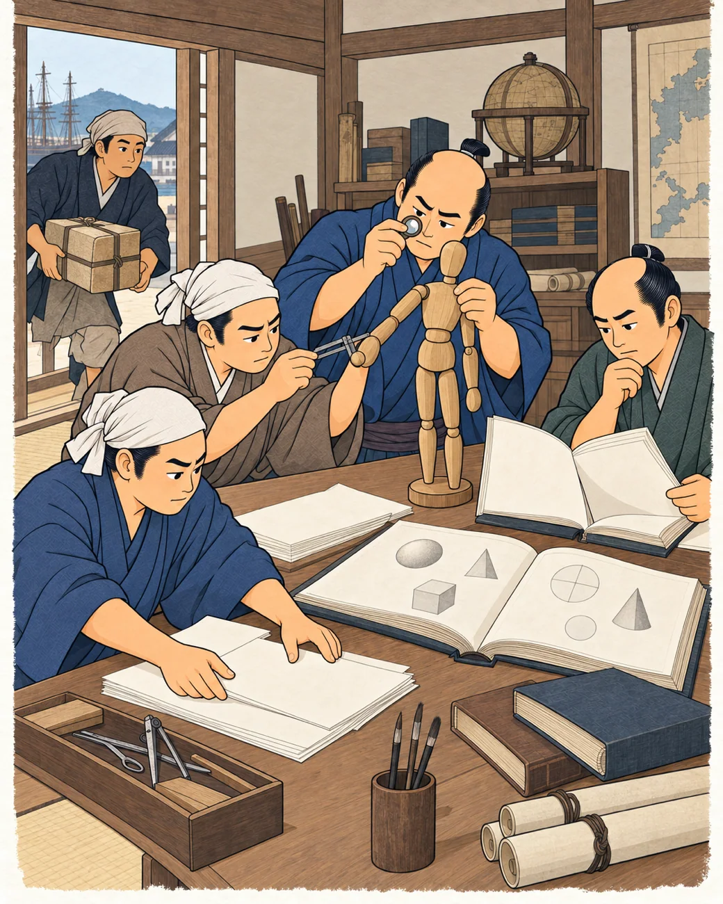 博物馆式历史插画:杉田玄白对照人体与荷兰文书。
