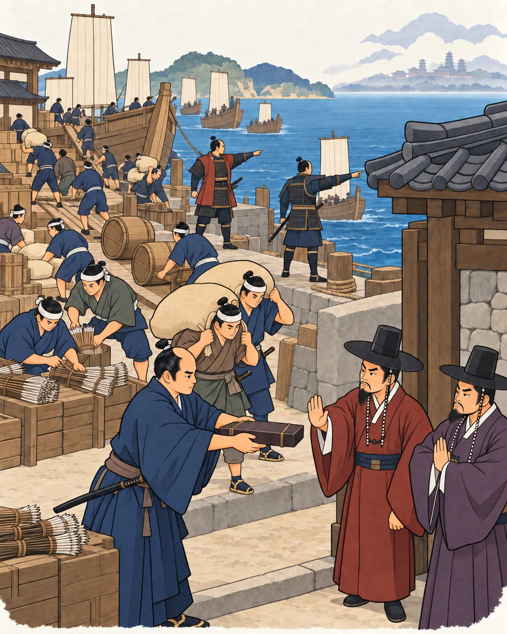 博物馆风格历史重构插图:要求借道与建立出征基地,丰臣秀吉、德川家康。