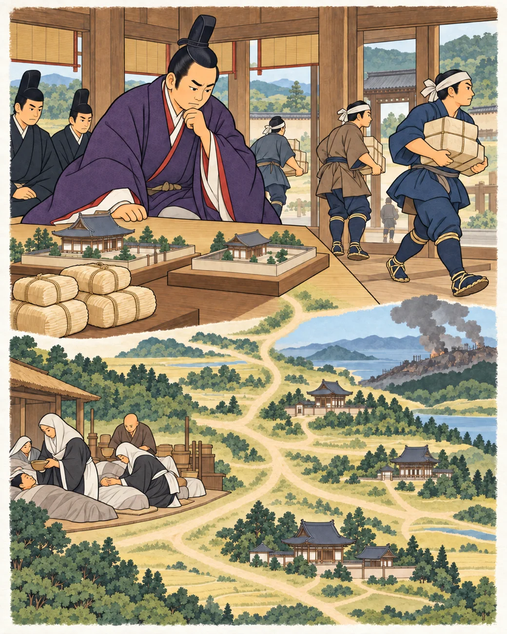博物馆风格的历史插画:朝廷祈求地方护佑,人物为圣武天皇与光明皇后。