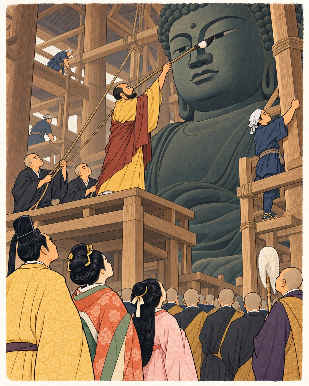 博物馆风格的历史插画:从皇室发愿到铜像,人物为圣武、光明与孝谦。