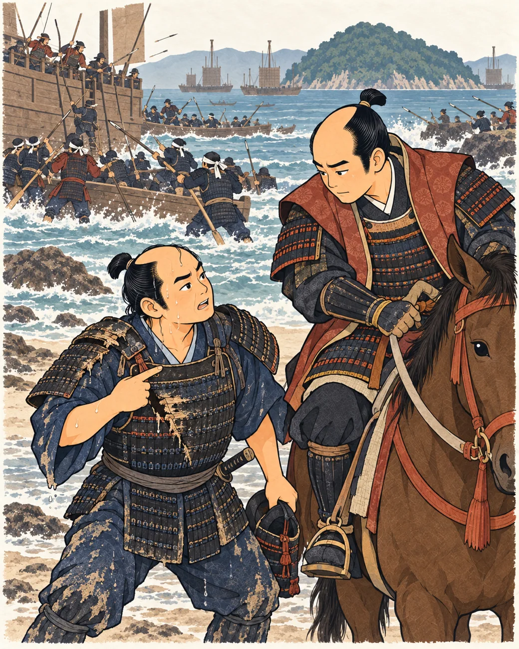 博物馆风格的历史插画:两支舰队、设防海湾与漫长的近海作战。