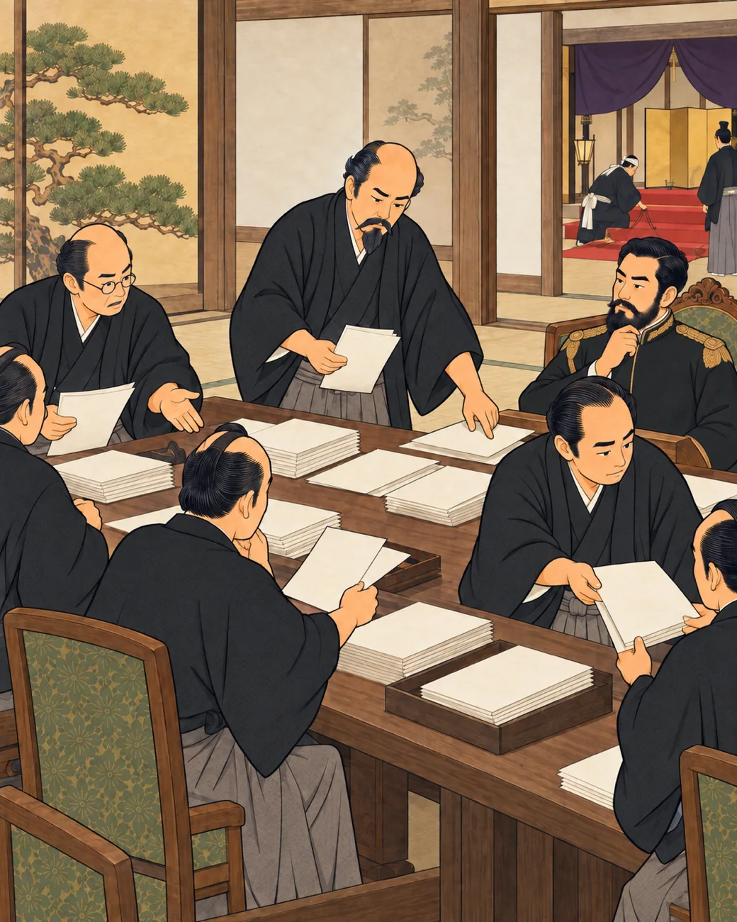 历史插画:枢密院审议、宪法颁布与首次选举。