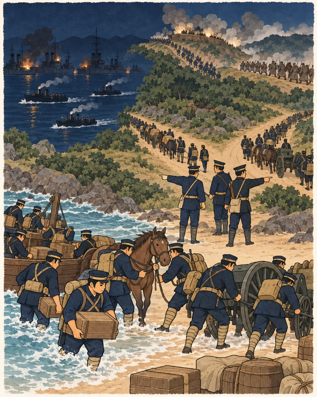 博物馆式历史插画:旅顺、奉天与对马海战。
