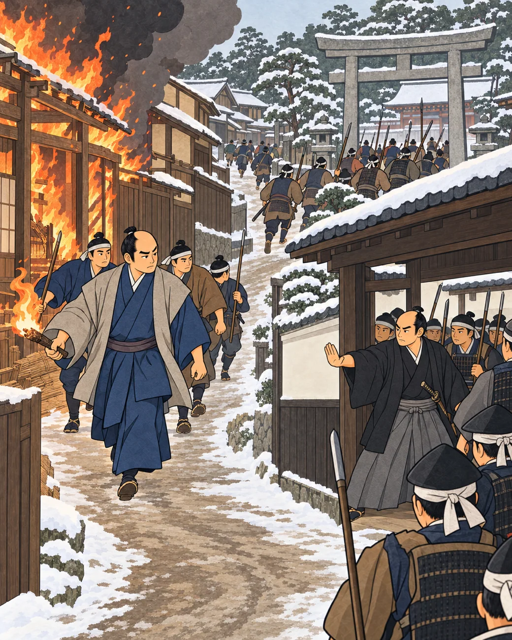 博物馆式历史插画:神社战斗、城市战线与地方增援。
