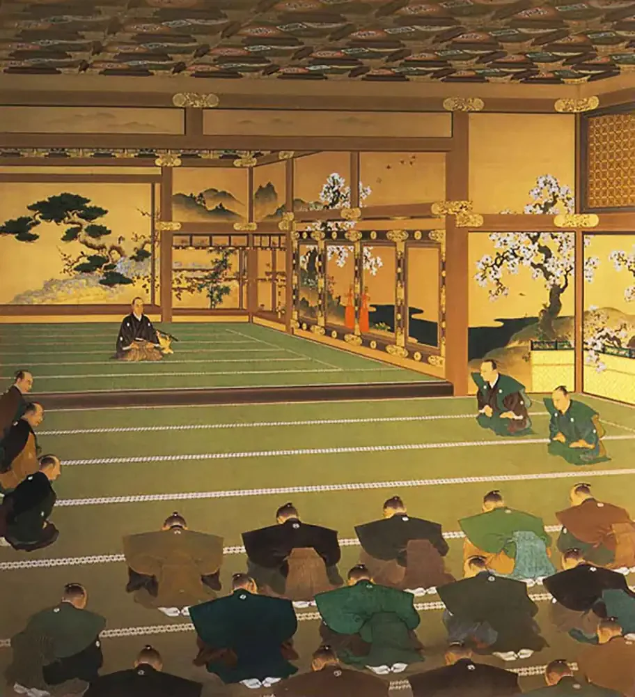 Taisei Hōkan mural: Yoshinobu informs officials at Nijō Castle