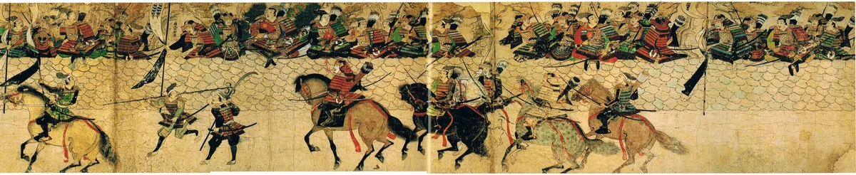 Mounted warriors pass a stone defensive wall in a scene from the Illustrated Scrolls of the Mongol Invasions.