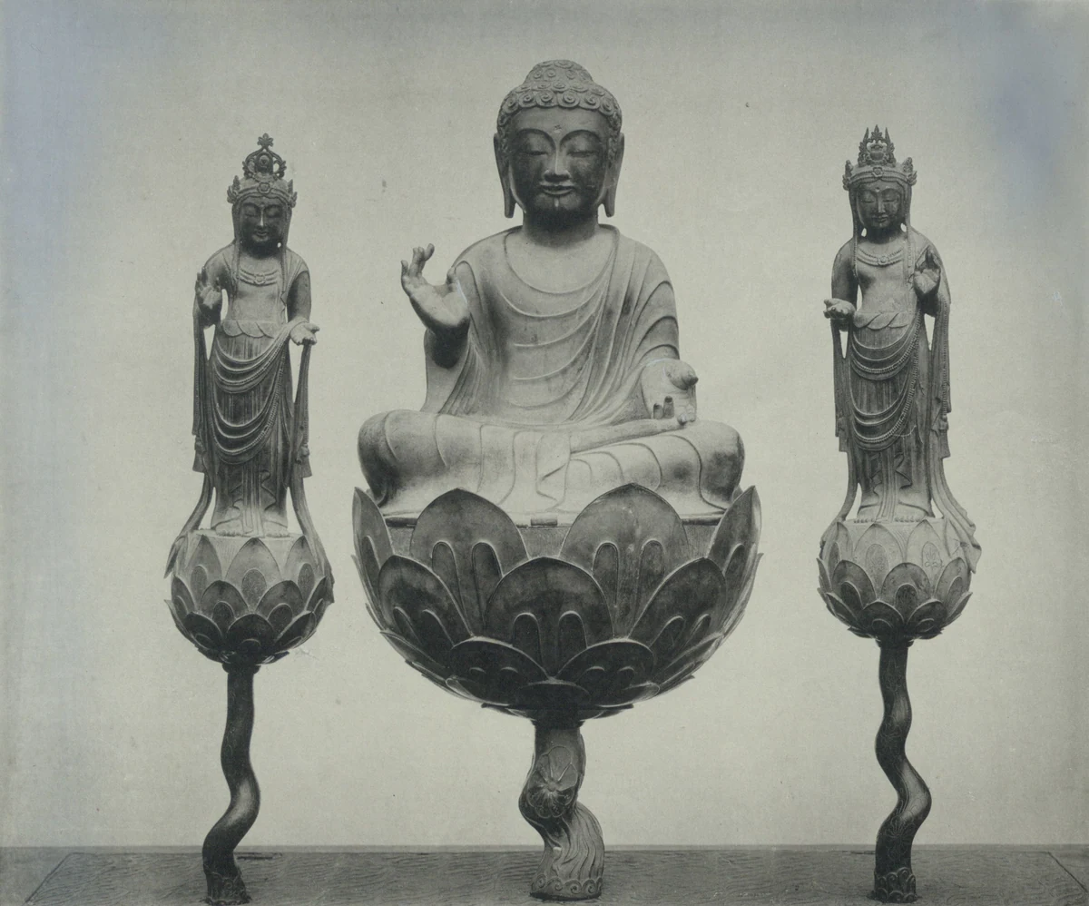 The Amida triad traditionally associated with Lady Tachibana. 8th-century sculpture; photograph published in 1910.