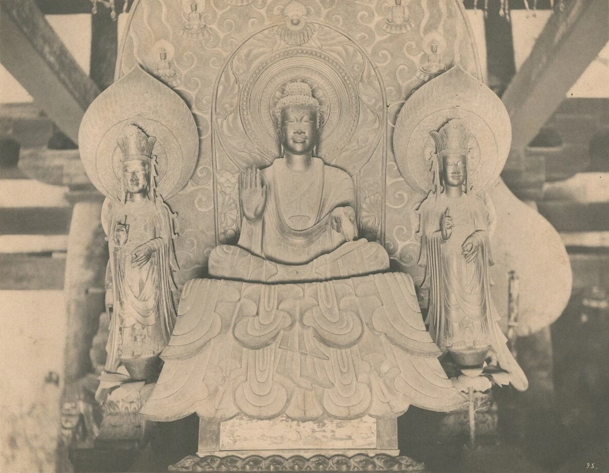Shaka Triad at Hōryūji. Sculpture dated 623; reproduction published 1888–1889.