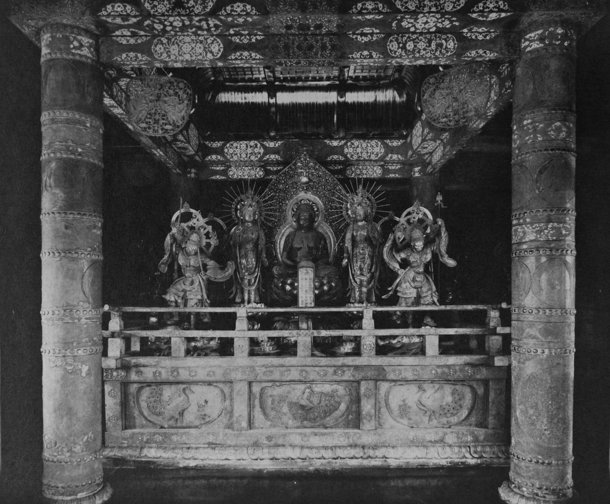 Interior of Chūsonji’s Konjikidō. Early 20th-century photograph of the hall founded in 1124.