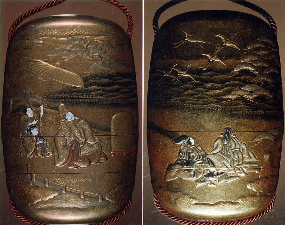 An inrō showing Yoritomo and released cranes. 19th century.