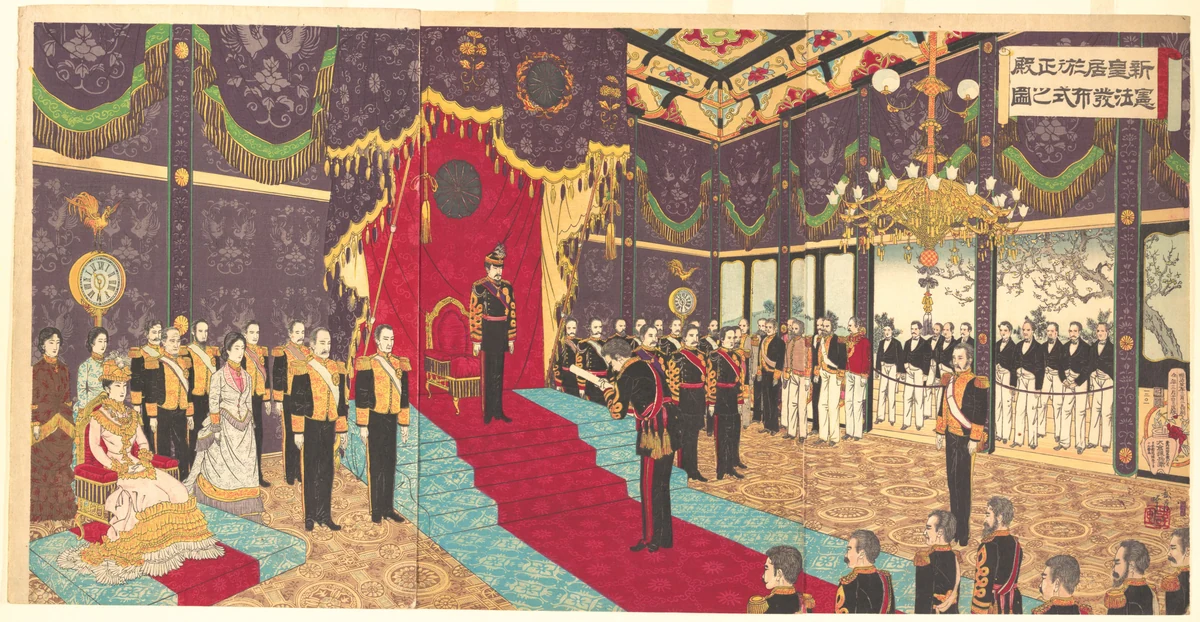 The promulgation of the Meiji Constitution. 1889.