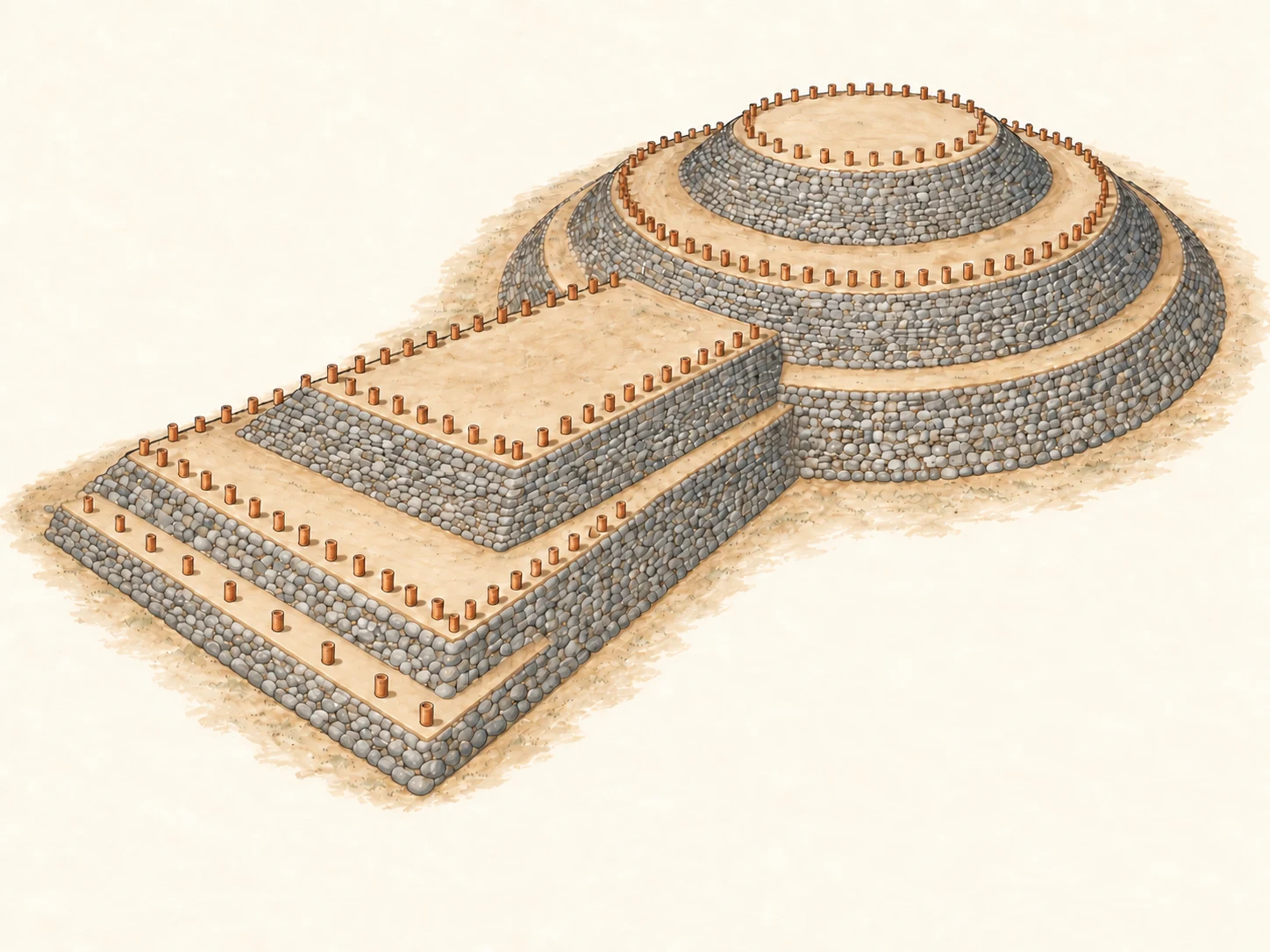 An explanatory oblique view of Goshikizuka's keyhole-shaped earthen mound. A taller round rear joins a lower flared front; three slopes rise through two terraces. Stone facing covers the earth, and rows of clay haniwa mark the edges.