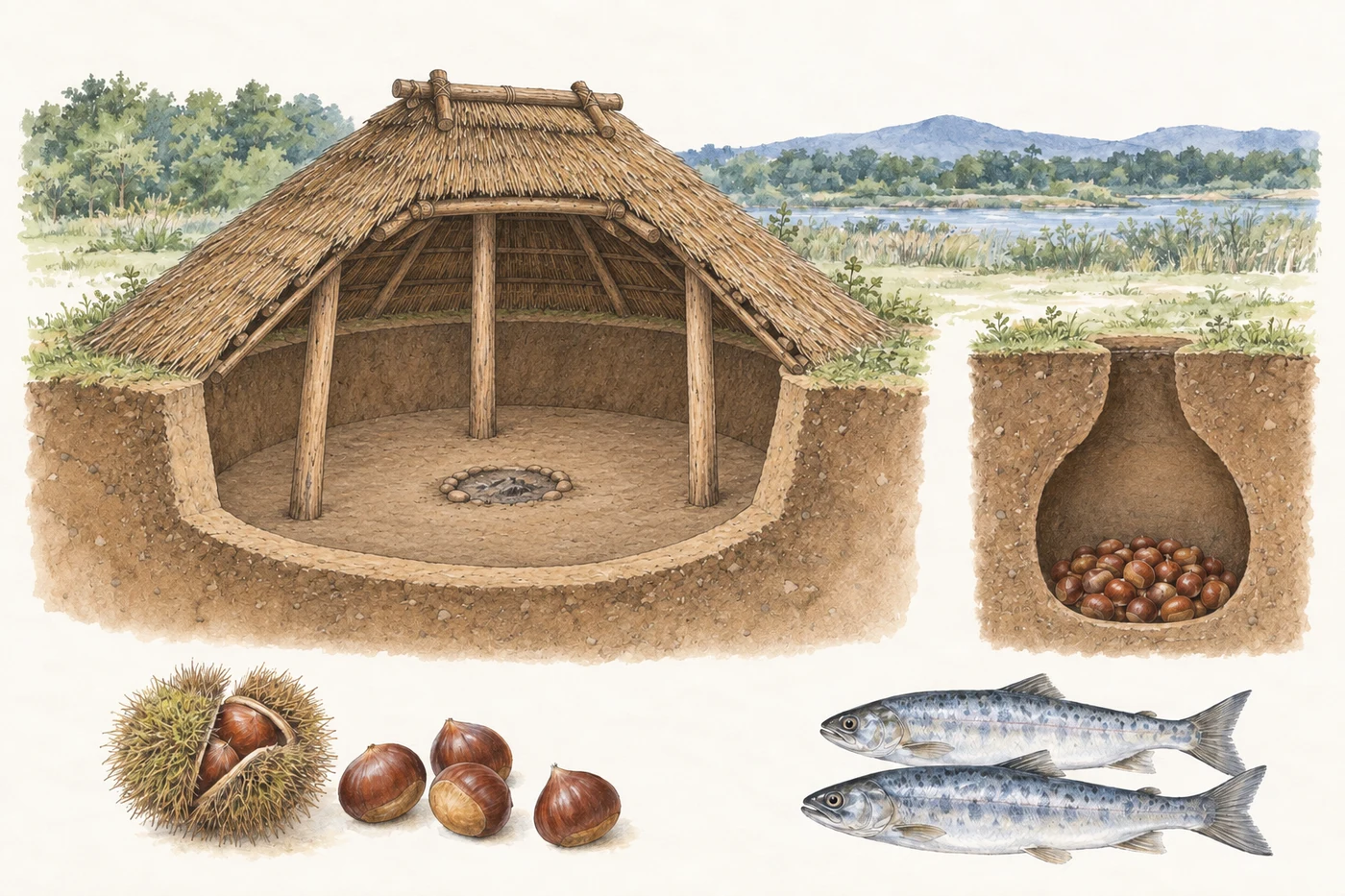 Modern cutaway: a house has an earthen floor below ground and a central hearth. Beside it, a separate flask-shaped underground pit holds chestnuts. Chestnuts and fish below represent different food resources.