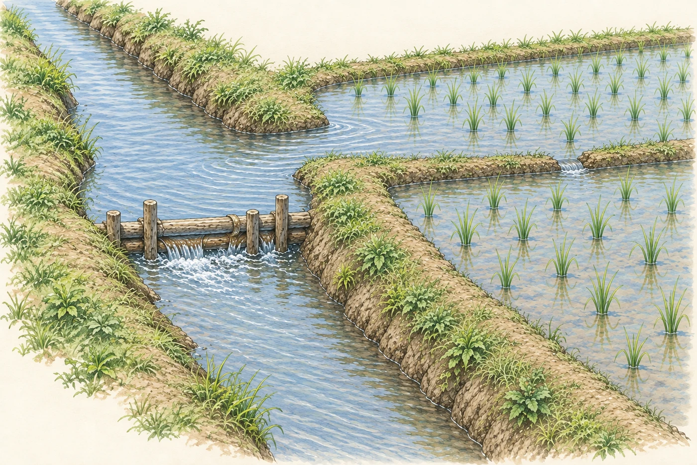 A low wooden weir crosses an earthen channel. Water held upstream connects through an open side inlet to shallow rice paddies divided by low banks.