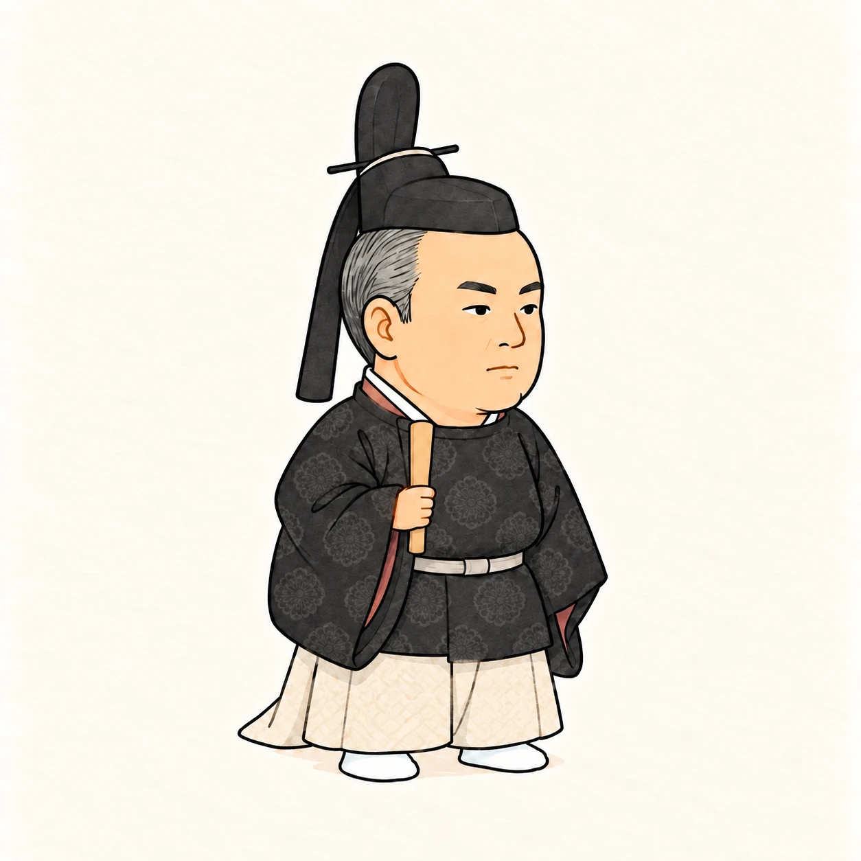 Anonymous mature Heian courtier in black formal robes and a Japanese kanmuri, used as a role figure rather than a portrait.