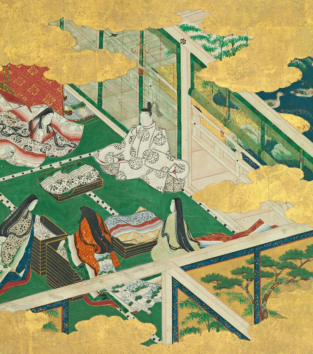 Later Genji painting on gold ground: court figures distribute folded robes among lacquer boxes within an open-view palace interior.