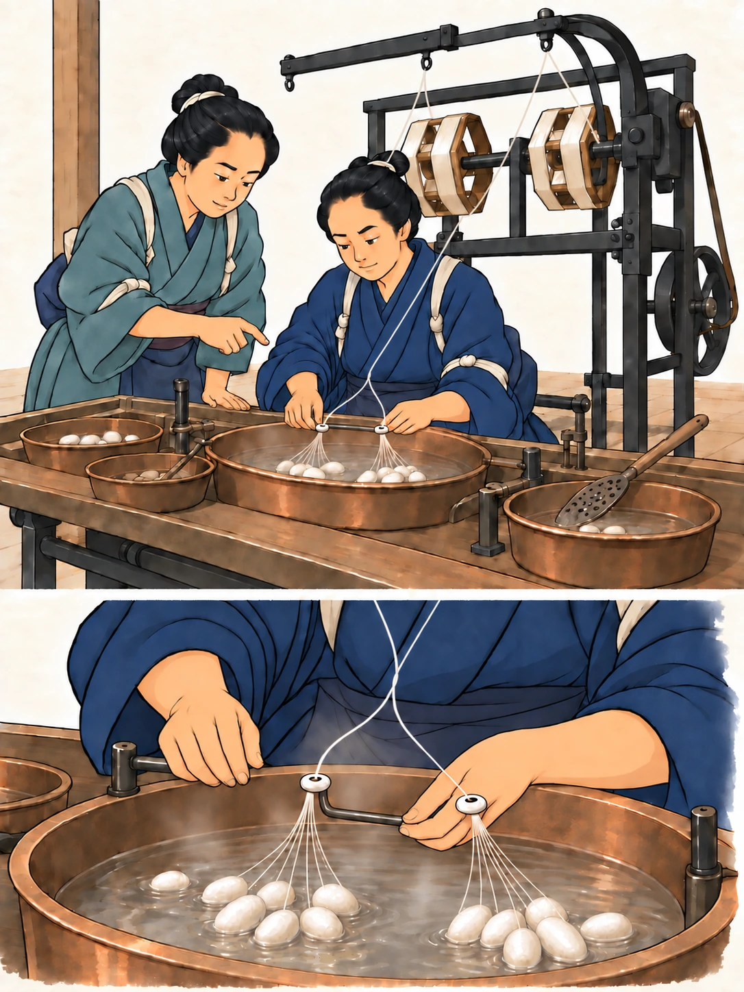 An imagined early-1870s Tomioka reeling lesson. Two adult Japanese women in work kimono watch the silk guides beside copper basins, with wooden reels behind them. A lower close-up shows several fine filaments rising from cocoons to each guide, gathering into strands that run upward.