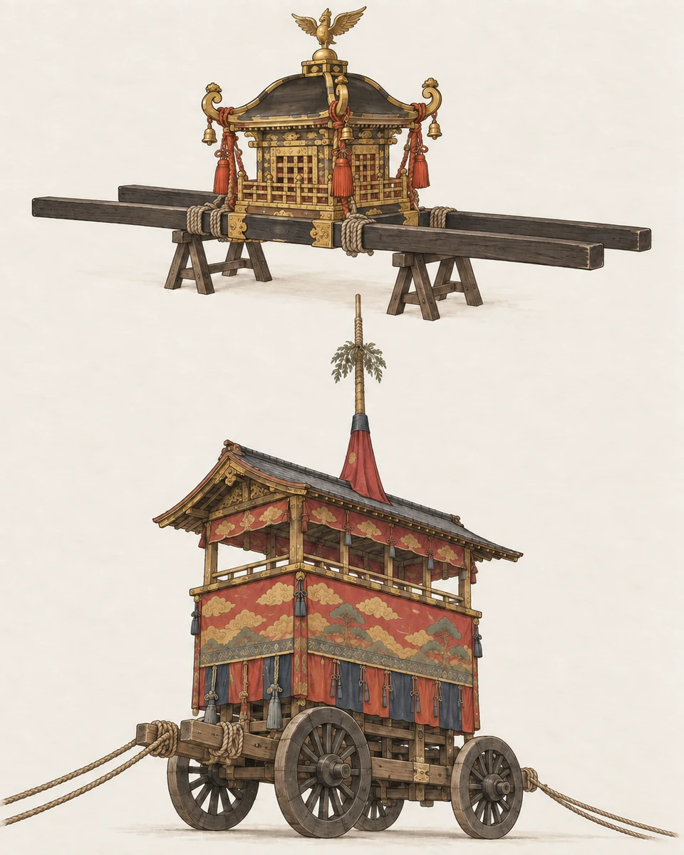 Two object studies compare a roofed portable shrine supported on long carrying beams with a wheeled neighbourhood float that has timber framing, decorated cloth, an open balcony and a central mast.
