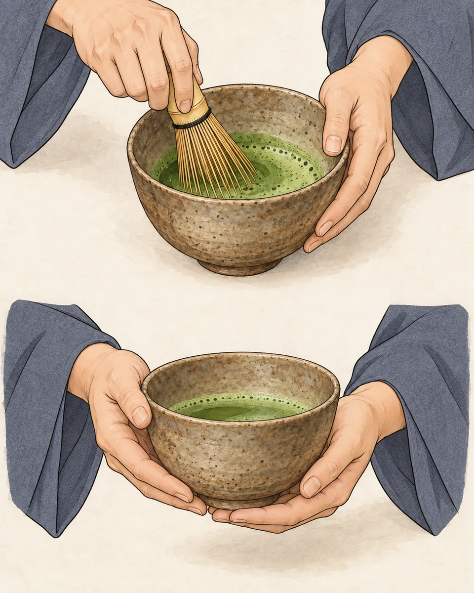 Two close moments show hands whisking green powdered tea in a ceramic bowl and then supporting the prepared bowl from below and at the side to offer it.