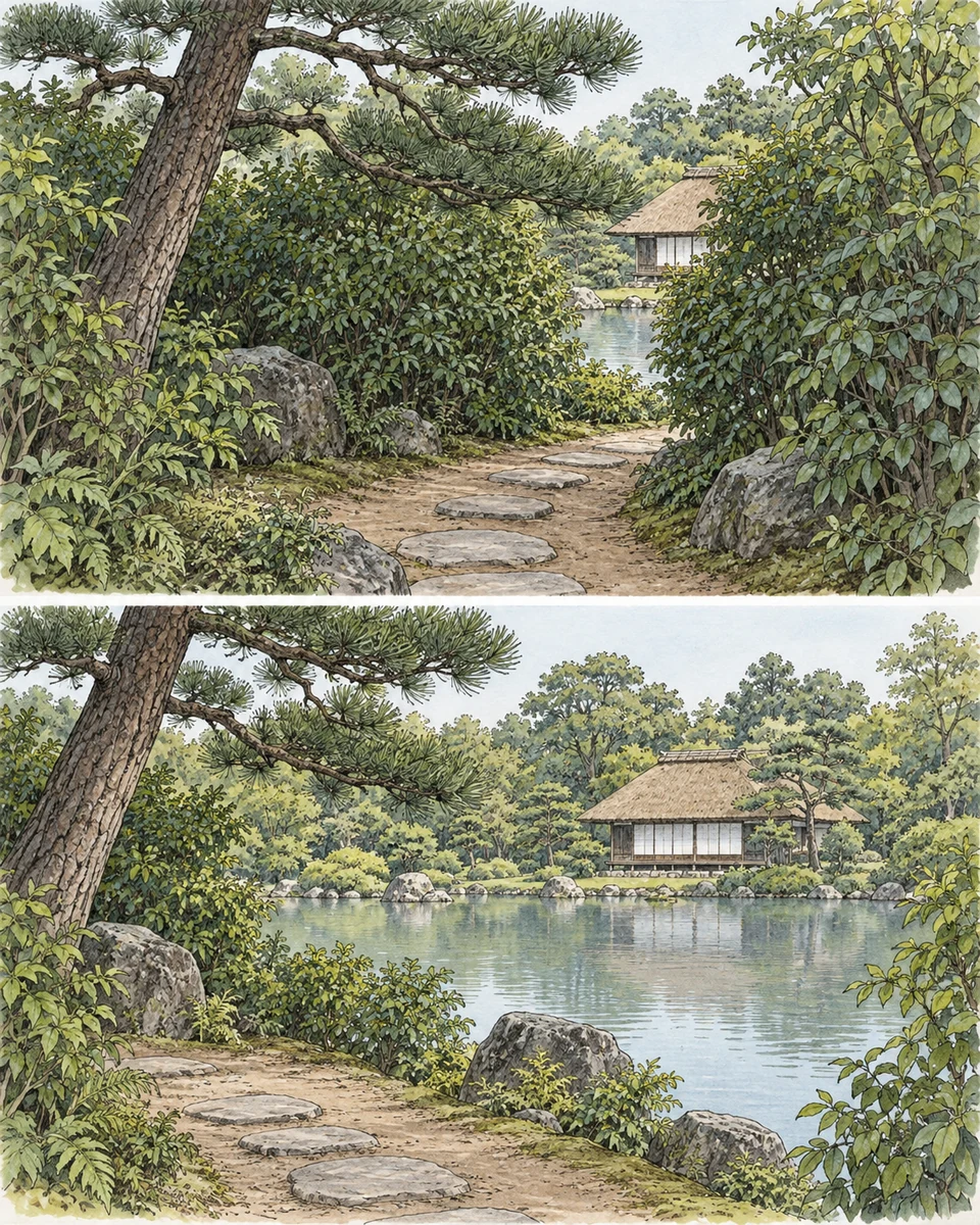 Before a bend, a planted path offers only a narrow glimpse of a pond and thatched pavilion. In the second view, the shoreline opens and the pavilion is visible across the water.