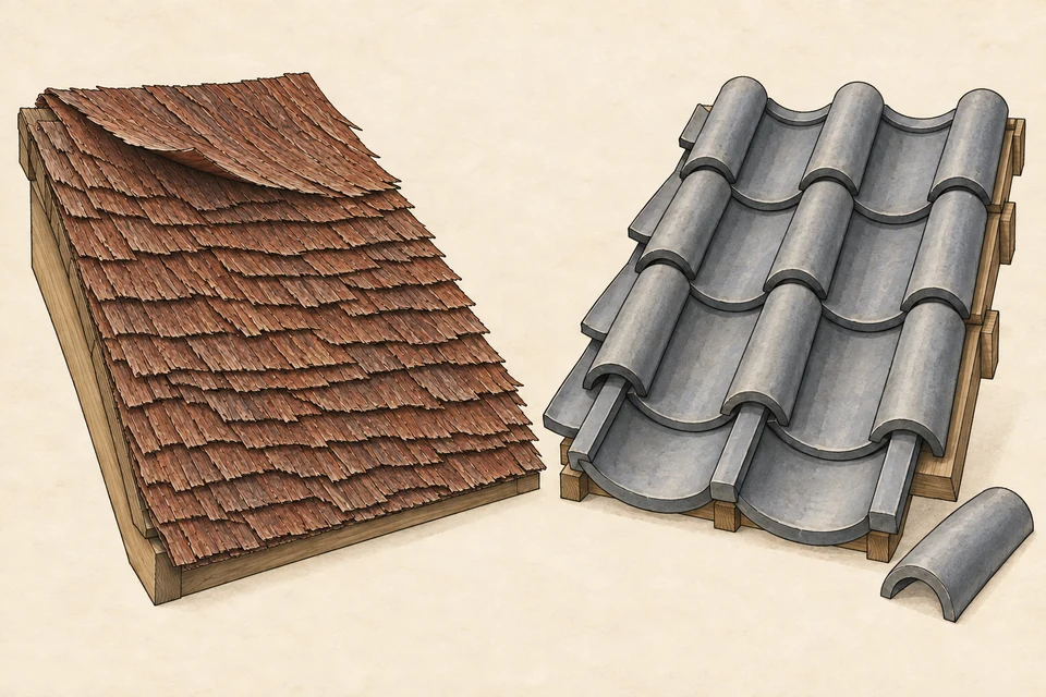 Two sloping roof samples: thin overlapping brown bark layers at left, and grey concave pan tiles with rounded cover tiles over their joints at right. A loose cover tile sits beside the tiled sample.