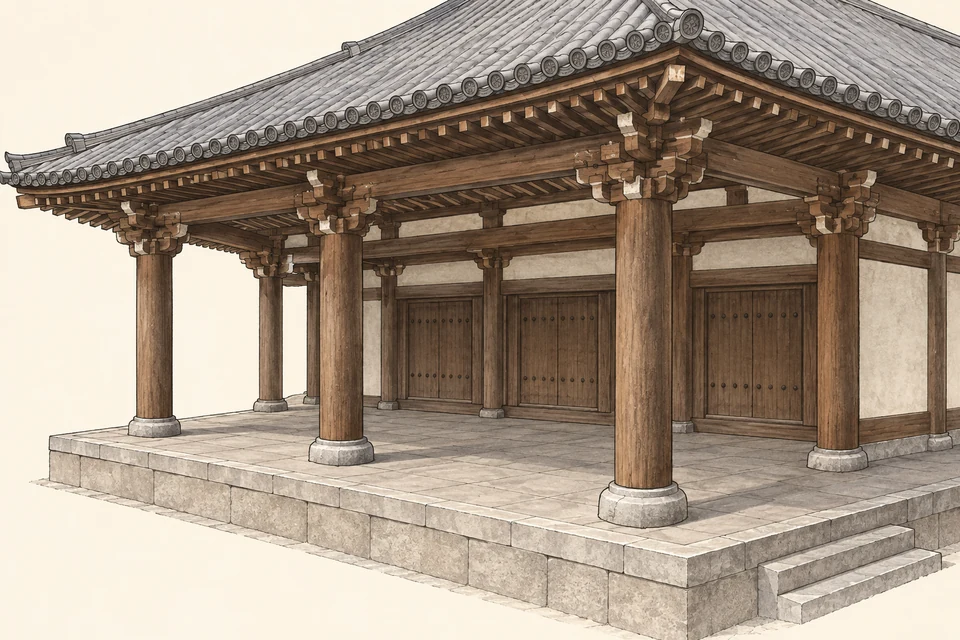 Round timber columns hold a deep grey tiled eave above an open stone-floored porch; closed timber doors stand behind the outer column line.