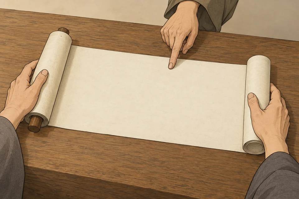 Two hands hold the rolled ends of a horizontal blank handscroll while a third hand indicates the exposed paper. A wooden core projects from the left roll, while the right roll has none.