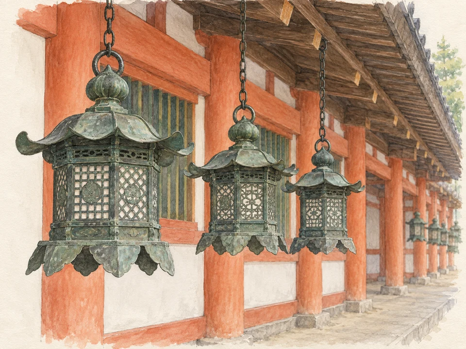 Metal lanterns with lattice-sided bodies and flared roofs hang at different depths along a vermilion timber corridor.