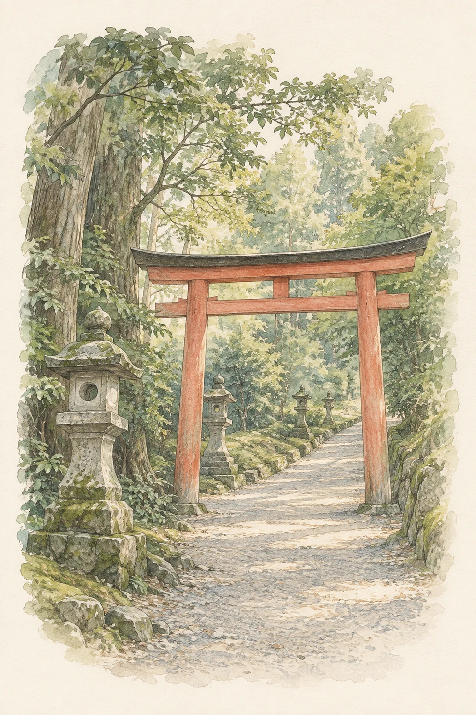 A vermilion torii stands across an open woodland path, with stone lanterns beside the approach.