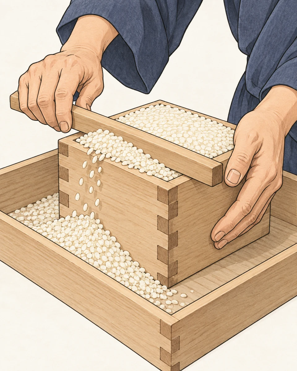 Hands draw a straight wooden leveller across rice in a square wooden measure; excess grains fall into a tray below.