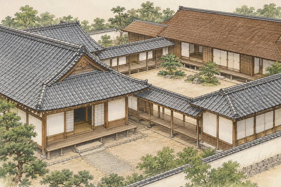 Low connected palace ranges spread around a courtyard. A tile-roofed entrance and corridor connect with a quieter shingle-roofed rear range; thresholds and sliding panels divide the interior spaces.