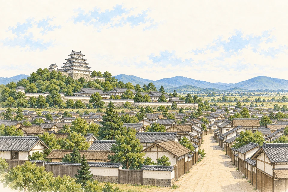 An explanatory landscape widens from a white keep on a local hill to lower palace buildings, a compact town street and the level plain beyond.