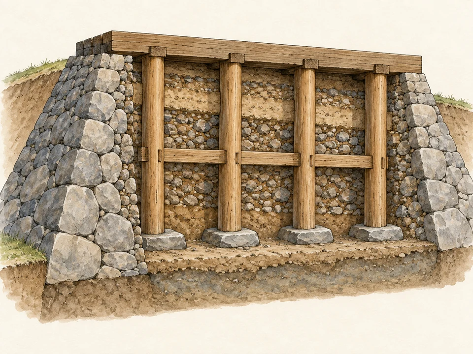 A simplified cutaway reveals vertical timber posts linked by a horizontal member inside a rubble-and-earth-filled stone base. The posts meet a timber sill above and individual footing stones below.