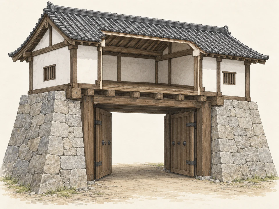 A simplified castle gatehouse is cut open to reveal a single room and timber floor directly above the passage. Posts and stone-faced sides support the room while the doors open below.
