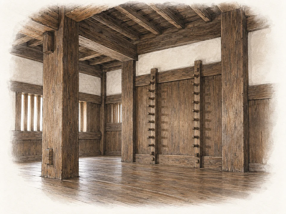 Heavy timber posts and beams frame a plank-floored interior, with wooden rack fittings attached to one wall. The empty room study emphasizes construction and storage fittings rather than palace furnishings.