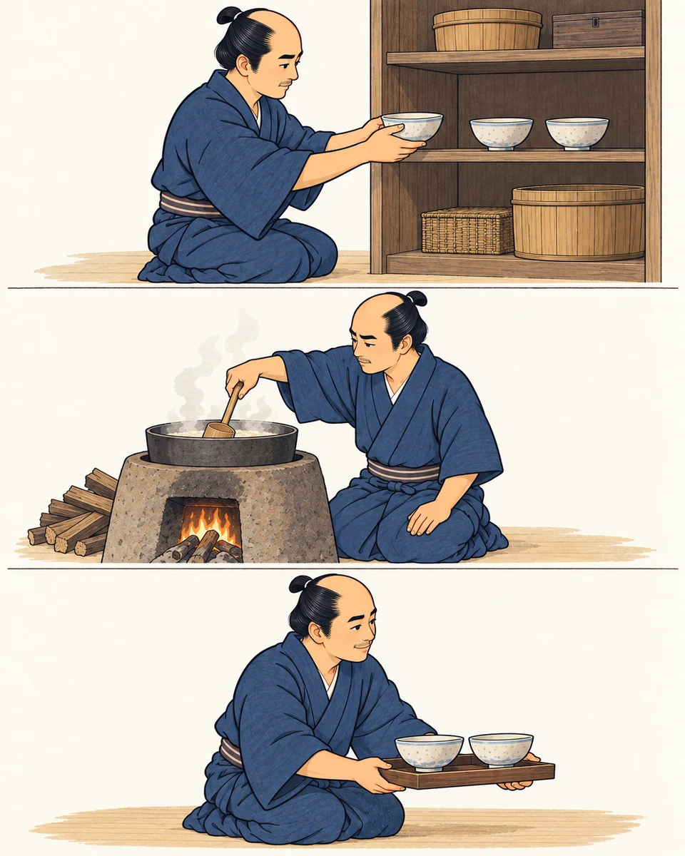 The same Edo-period kitchen worker appears at three separate moments: taking a bowl from storage, tending a pot with a wooden ladle, and supporting a tray of bowls with both hands as he serves the meal.
