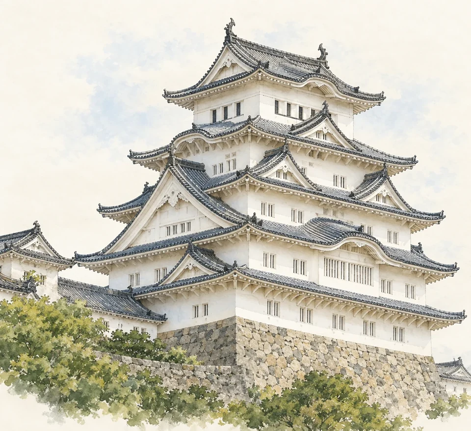 Himeji's white keep rises above stonework, with dark interlocking tiled rooflines and greenery at its base.