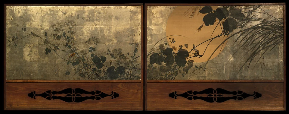 Across a two-panel screen, low autumn plants overlap a large pale moon near the right; a silver-toned ground and dark lower frame remain visible.