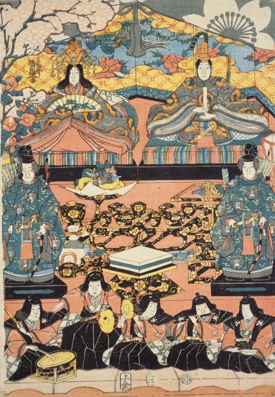 A print arranges courtly hina dolls, attendants, five musicians and miniature furnishings against a plain ground.