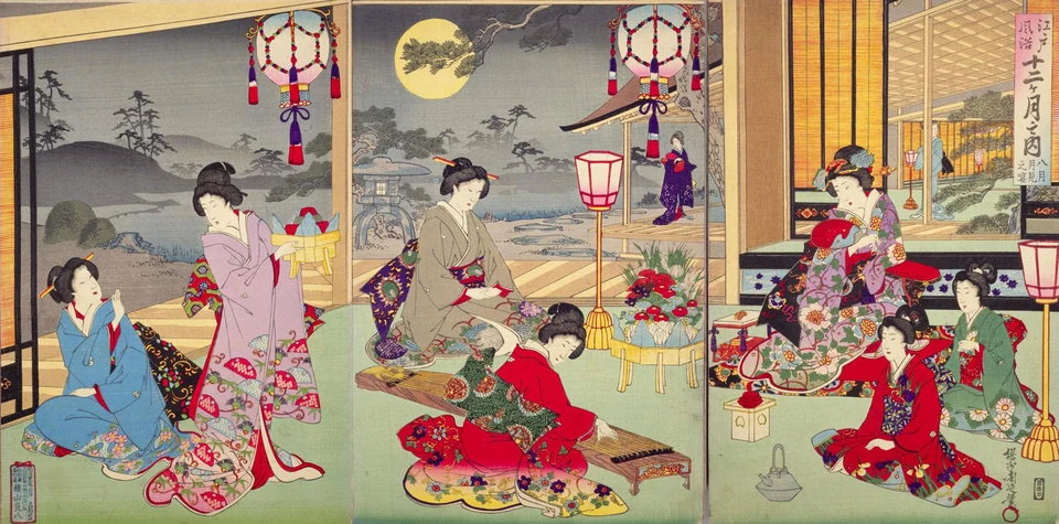 A three-sheet scene places richly dressed women, a koto and prepared trays within an open room and garden beneath a full moon.