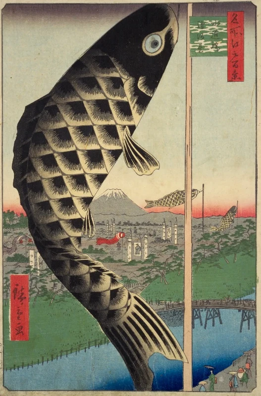 A large dark carp streamer fills the foreground above roofs, a bridge and river; smaller streamers and distant Mount Fuji appear beyond.