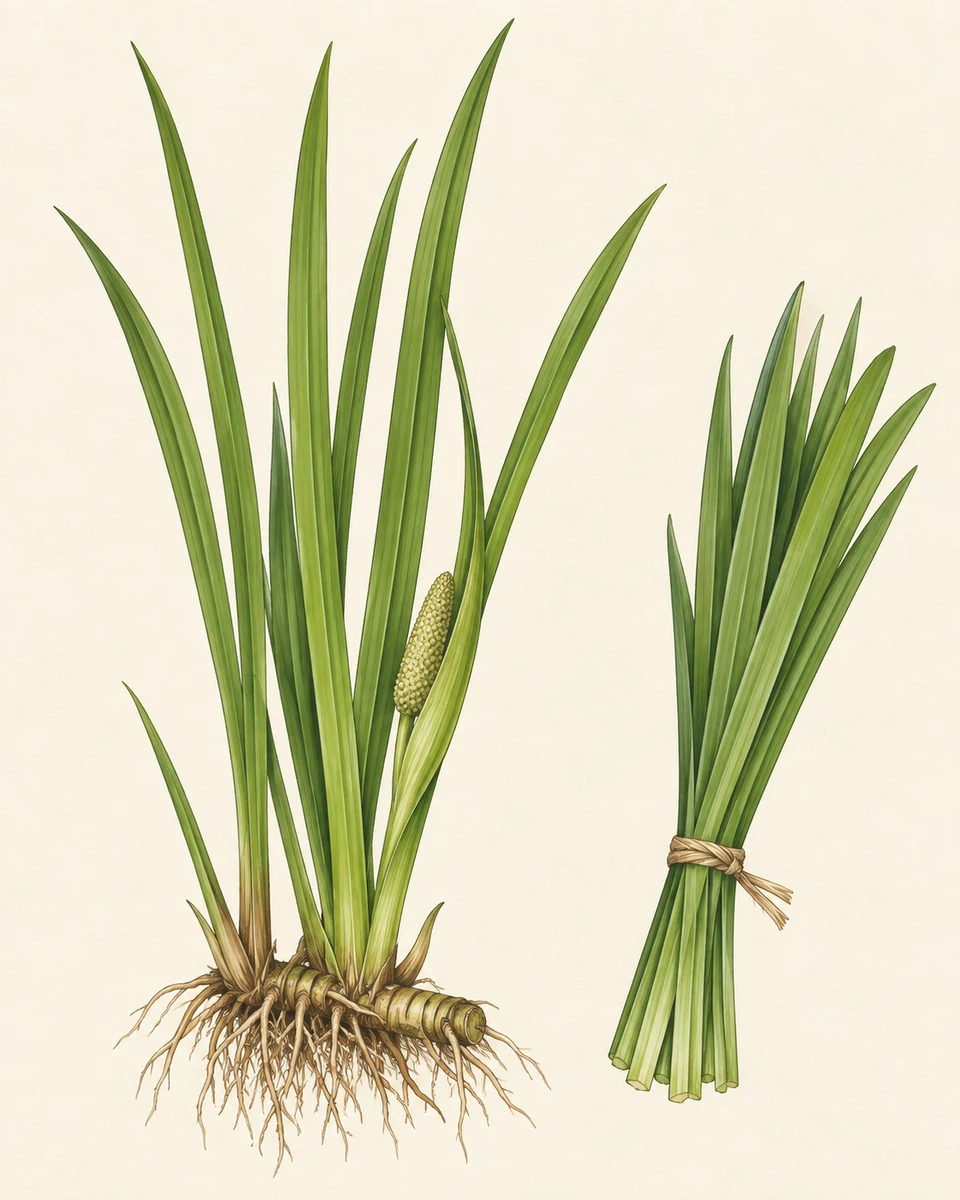 Long sword-like green sweet-flag leaves rise from exposed roots and rhizome; a small pale-green club flower sits low beside a long bract. A separate bundle shows cut leaves tied together.