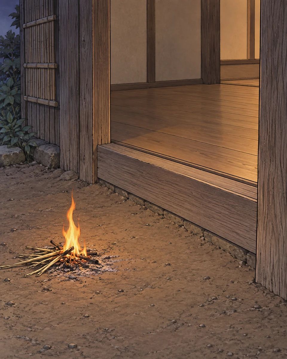 A small flame burns on thin plant stems on bare earth outside a wooden sill; an empty raised floor lies beyond the threshold.